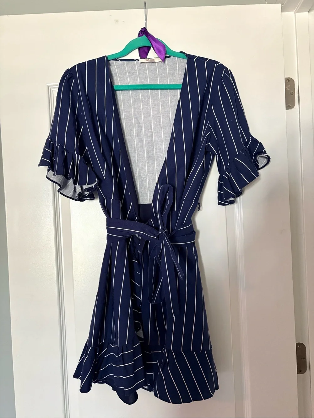 Wayf Navy Blue and White Striped Mini Wrap Dress